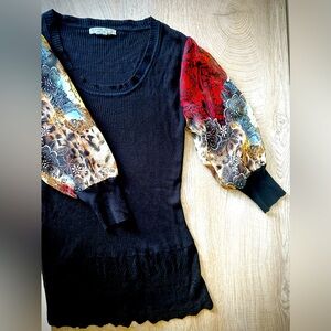 Alberto Makali black ribbed knit top, sheer floral & animal print sleeves, SizeM